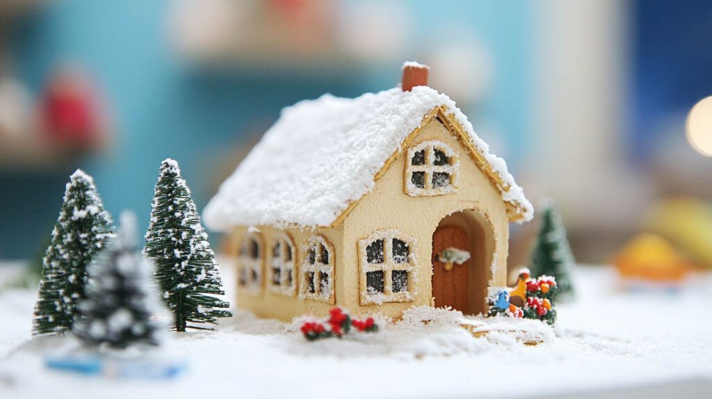 Snow-covered miniature cottage with a red chimney, evergreen trees, and tiny flowers on a white tabletop.
