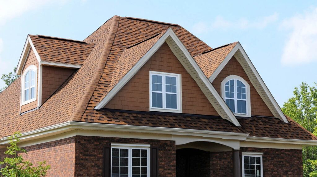 Brick house with a steep brown shingle roof and white-trimmed dormer windows against a blue sky