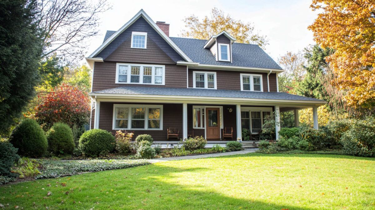 Two-story brown house with a porch and large green lawn, surrounded by trees in sunlight