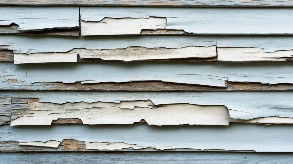 Peeling white paint on weathered blue wooden siding