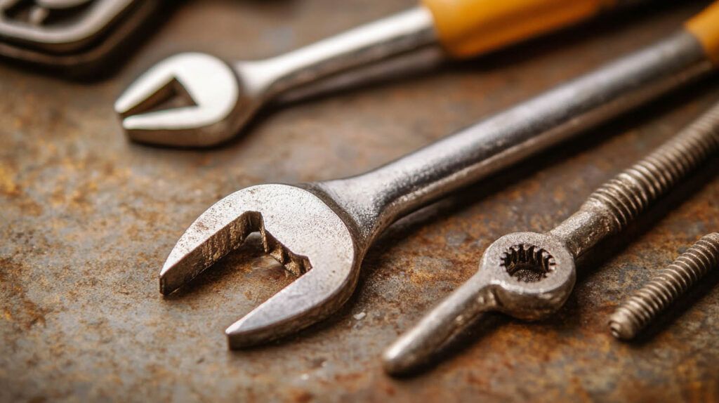 Rusty wrench and other tools on a textured workbench surface.