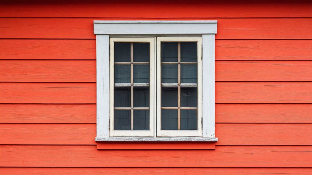White-trimmed window on a red wooden wall