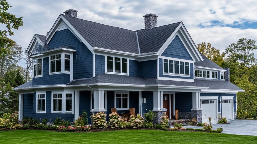 Blue two-story house with white trim, a front porch, and a two-car garage on a landscaped lawn.