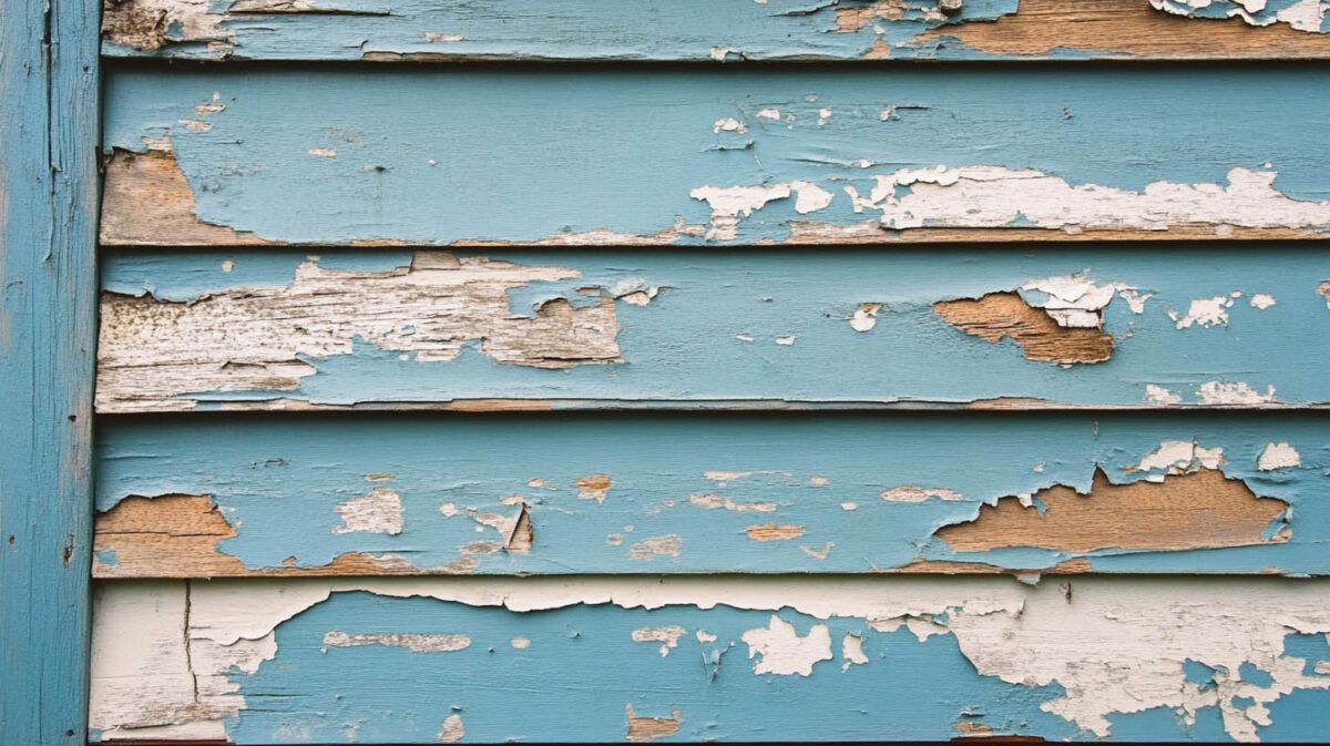 Weathered blue wooden planks with peeling paint and visible wear