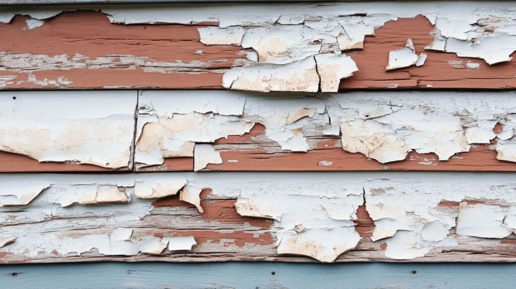 Peeling white paint on weathered red wooden siding with exposed gray underlayers
