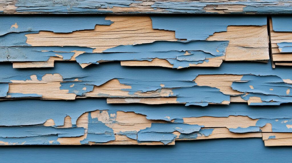 Close-up of peeling blue paint on weathered wooden boards