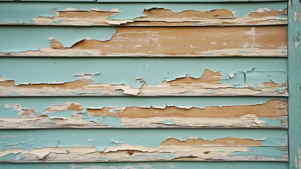Peeling turquoise wooden siding with weathered beige paint