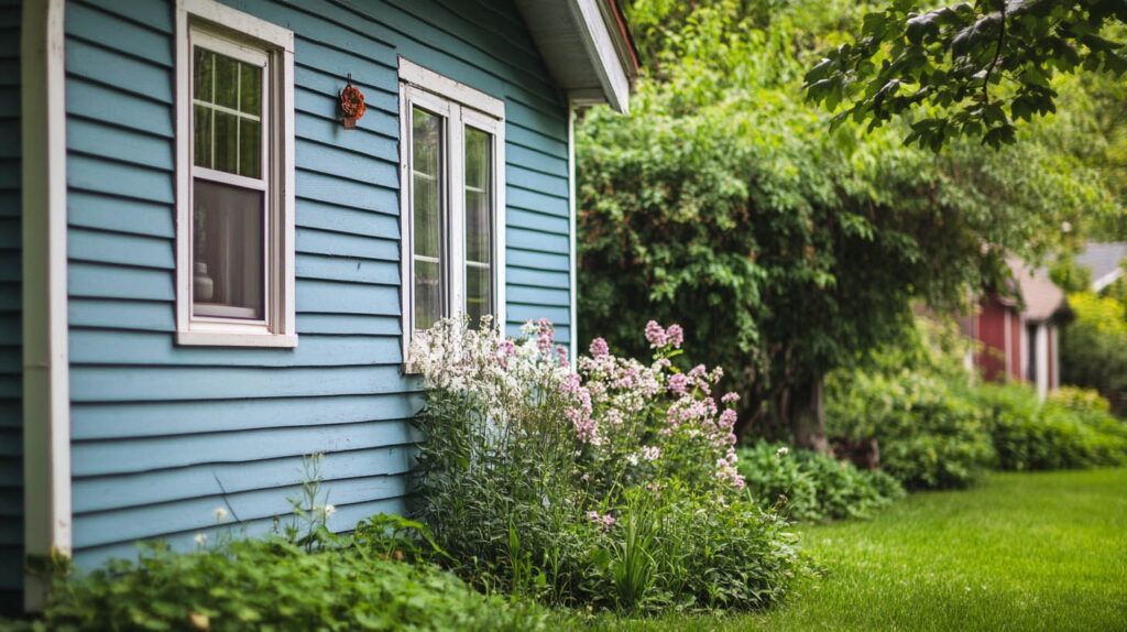 Blue house siding with white-trimmed windows beside a green lawn and flowering shrubs