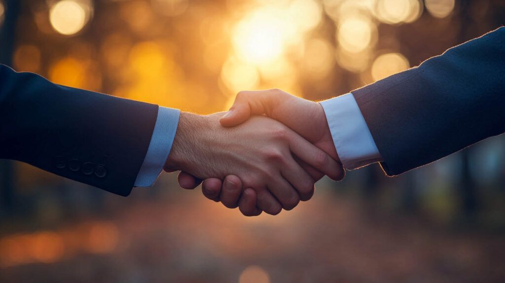Two people in business suits shaking hands against a warm, blurred background.