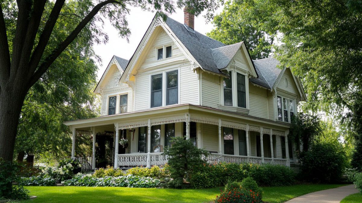 Victorian-style yellow house with a wraparound porch amid green trees and lawn
