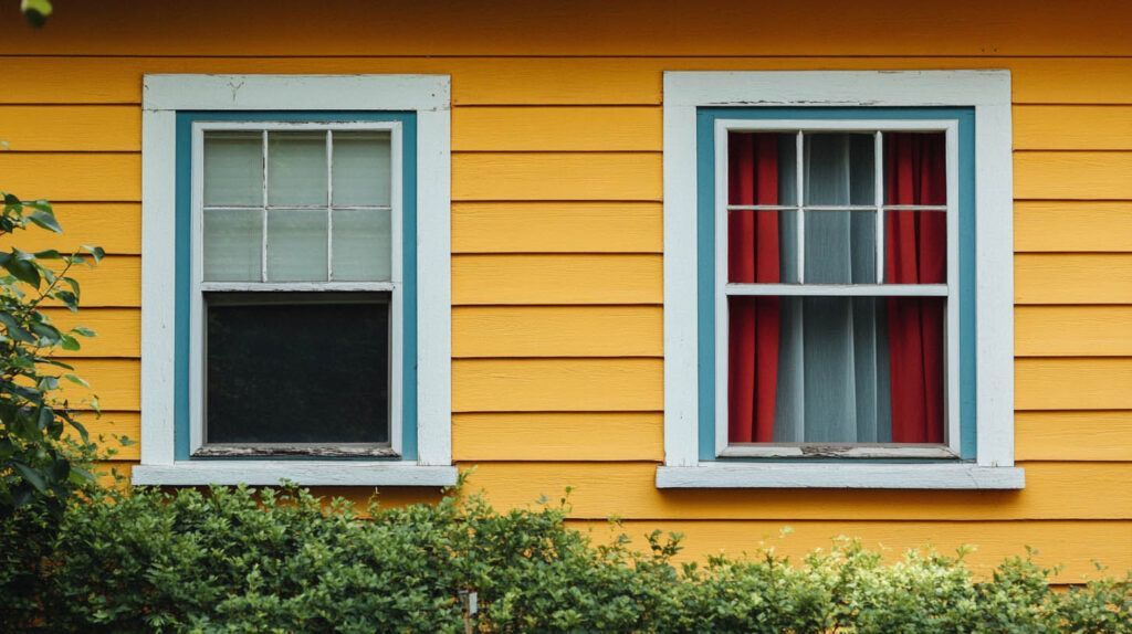 Yellow house wall with two white-trimmed windows, one open and one with red curtains.