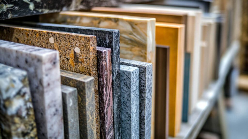 Rows of assorted stone countertop slabs in a showroom, with textured gray, brown, and gold finishes