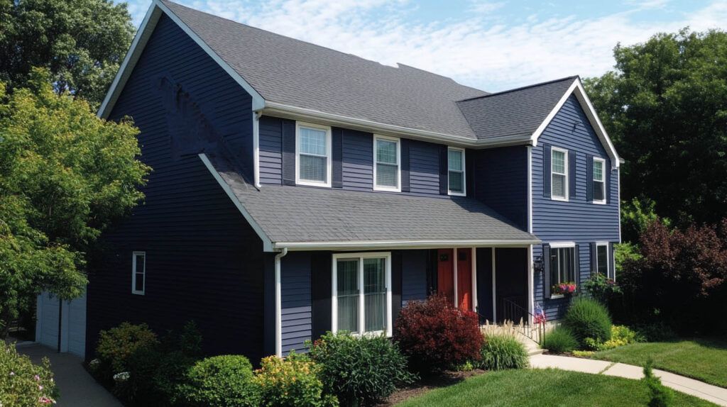 Two-story blue house with white trim, front porch, and landscaped yard on a sunny day