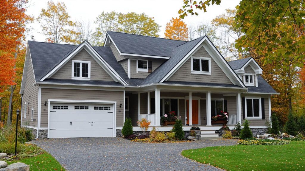 Gray suburban house with white trim, front porch, attached garage, and autumn trees in front