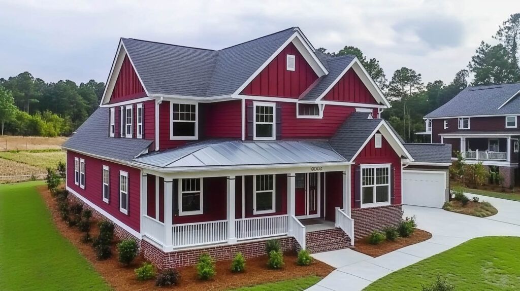 Red two-story farmhouse with white trim and a wraparound porch on a landscaped lot.