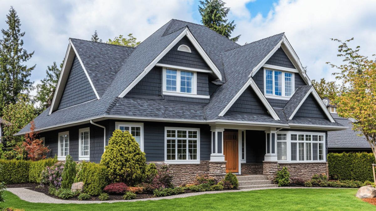 Large gray shingle house with white trim, stone accents, and a manicured lawn under trees