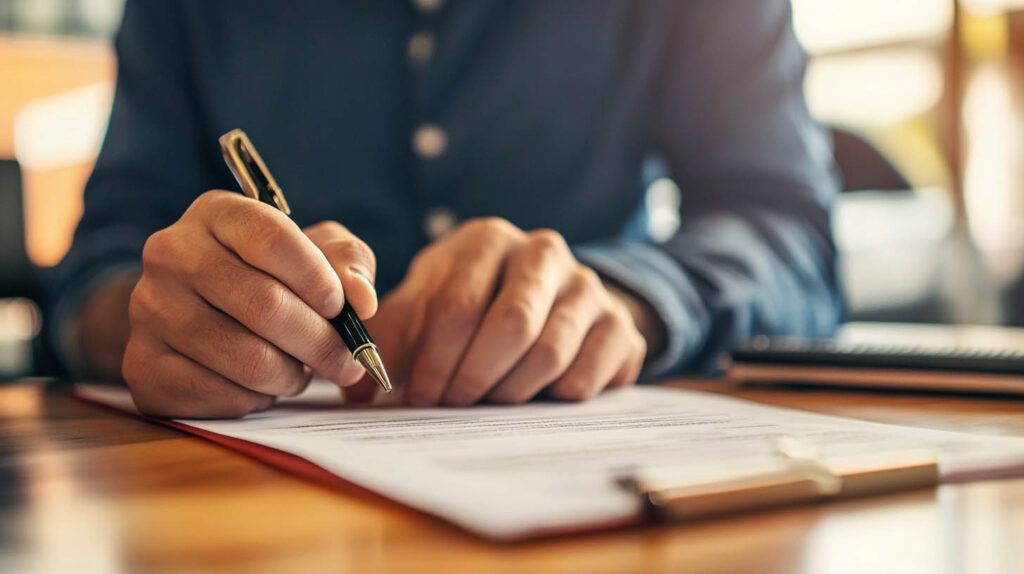 Hands writing with a pen on paperwork at a desk in warm light