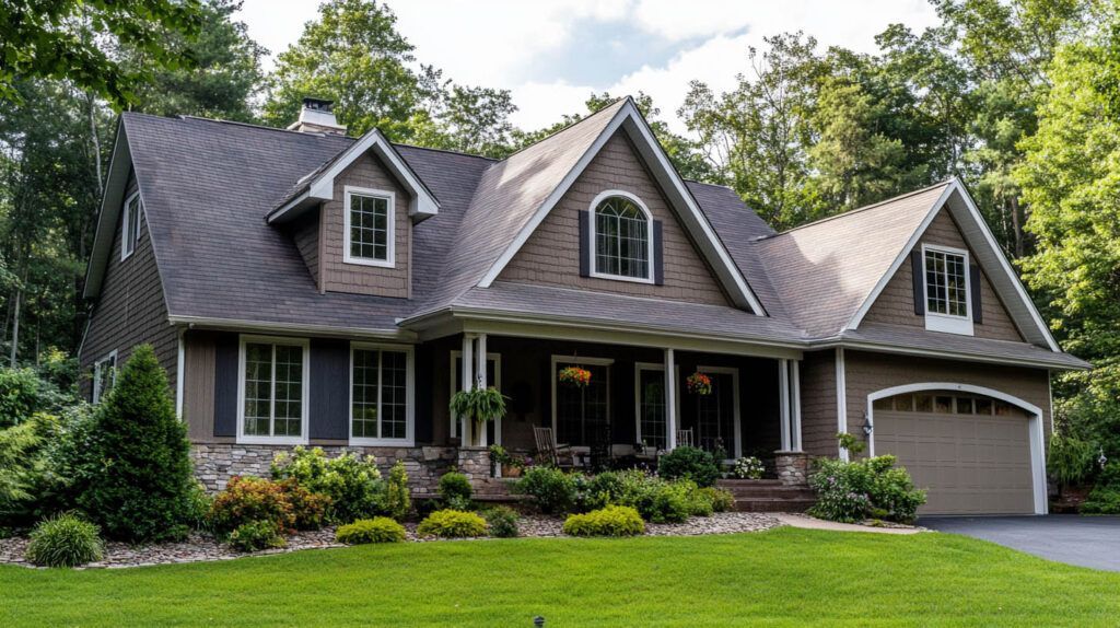 Suburban house with dark gray roof, front porch, garage, and manicured green lawn surrounded by trees