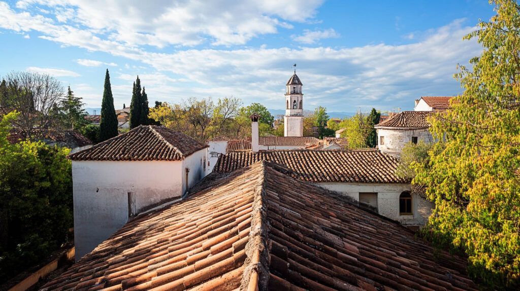 Rooftops of a white village with terracotta tiles, cypress trees, and a bell tower under a blue sky
