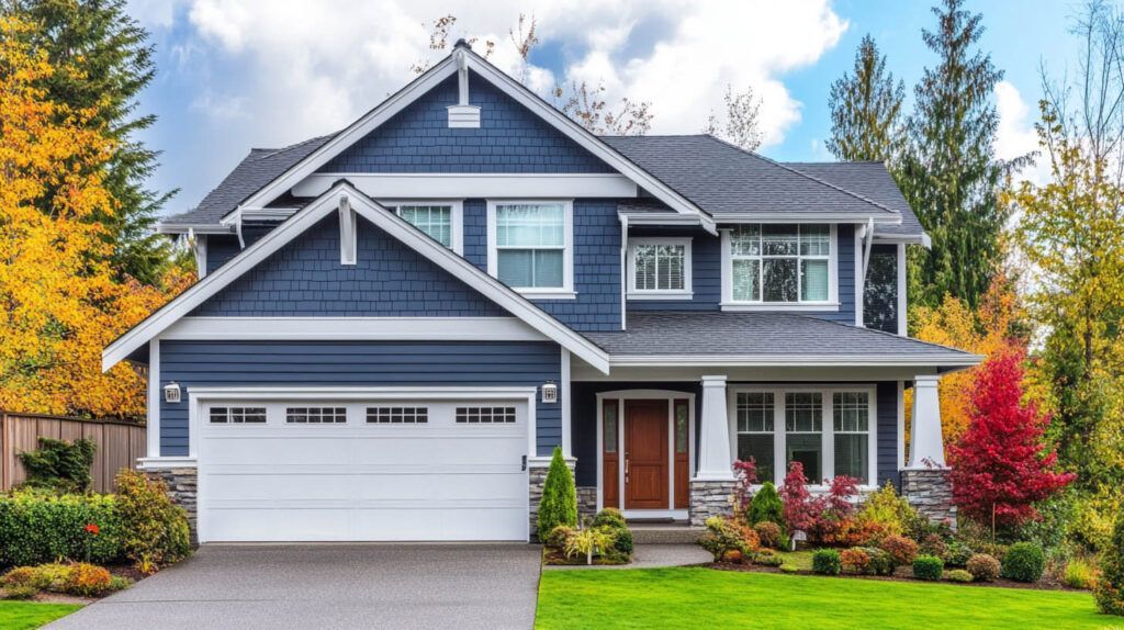 Modern two-story blue-gray house with white trim, garage, front porch, and colorful autumn landscaping