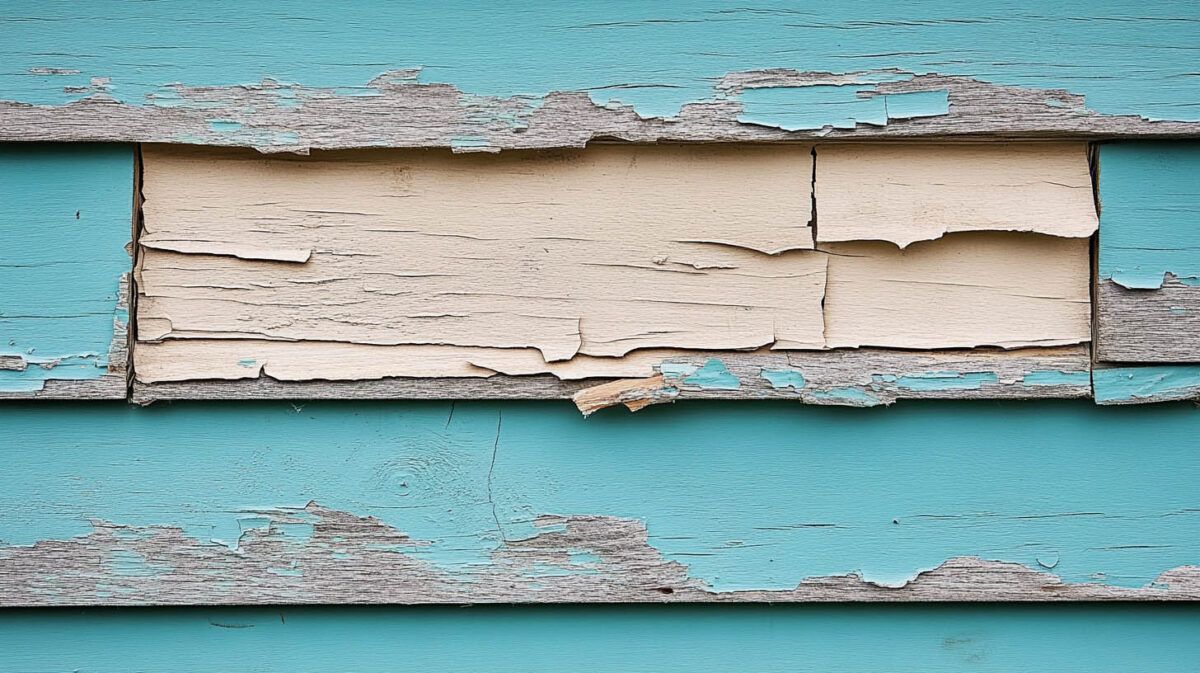 Close-up of peeling turquoise and cream painted wood planks on a weathered wall.