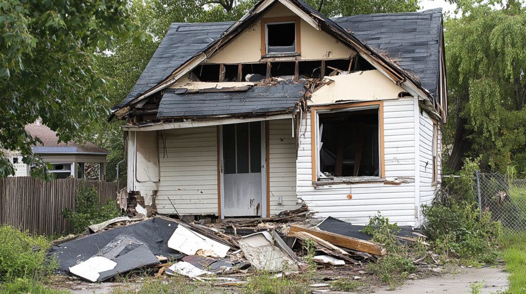 Fire-damaged house with a collapsed roof, broken windows, and debris in the front yard