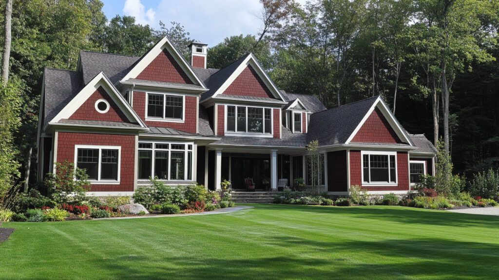 Red house with white trim and a large green lawn, surrounded by trees under a bright sky
