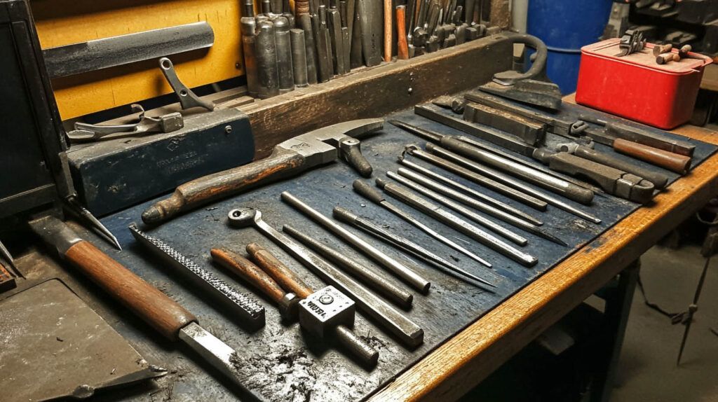 Workshop bench with rows of metal drill bits and tools arranged on a pegboard-covered work surface