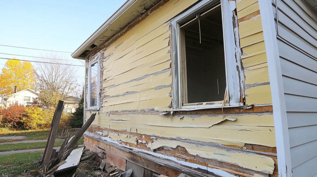 Damaged yellow house siding with a broken window and debris along the foundation