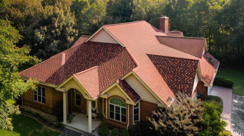 Aerial view of a large suburban house with a red roof surrounded by trees and greenery