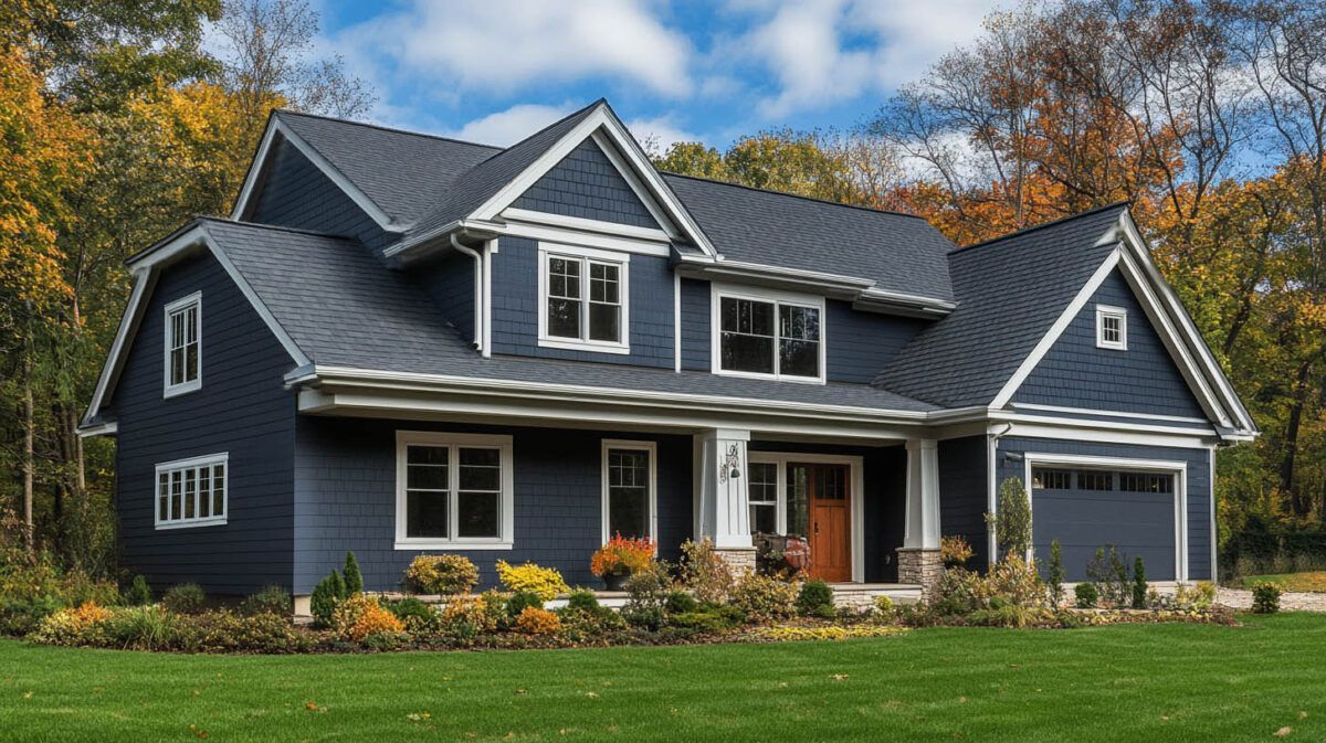 Large dark-blue suburban house with white trim, a gabled roof, and autumn trees in the background