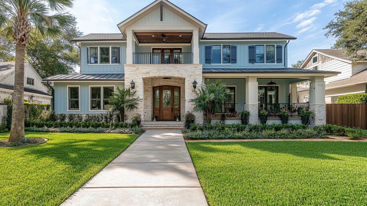 Large two-story suburban house with stone facade, front porch, and a manicured green lawn