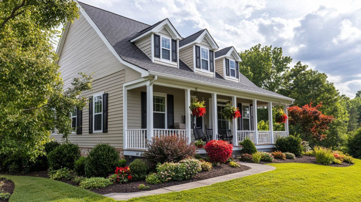 Suburban house with beige siding, white porch, red flowers, and a landscaped front yard