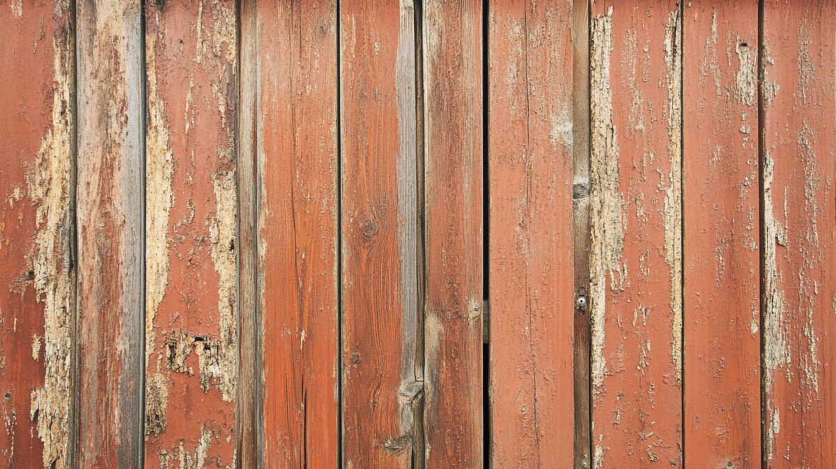 Weathered orange-red wooden fence with peeling paint and rough vertical planks