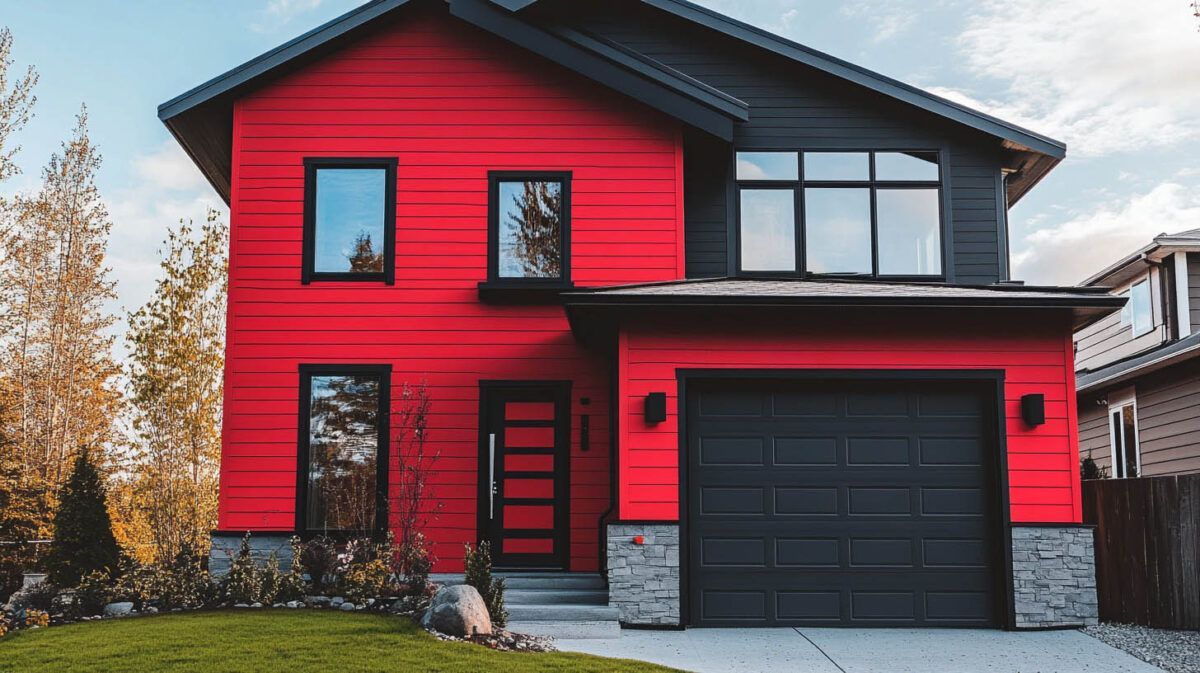 Modern red two-story house with black trim, large garage, and autumn trees in front