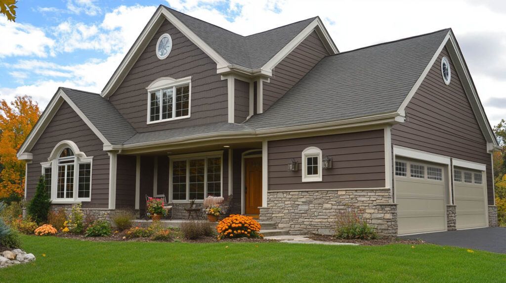 Large suburban brick-and-stone house with gray roof, front porch, and attached garage in a landscaped yard