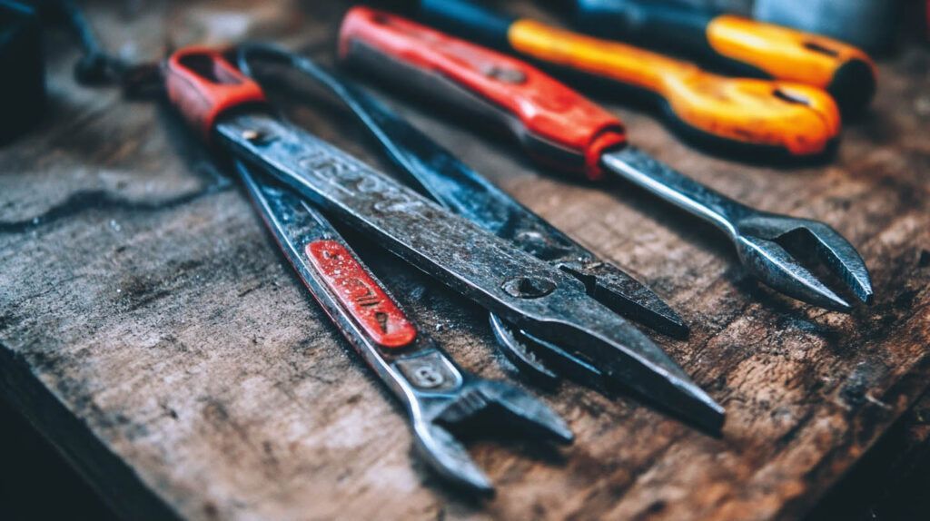 Three pliers with red, yellow, and orange handles on a worn wooden workbench.