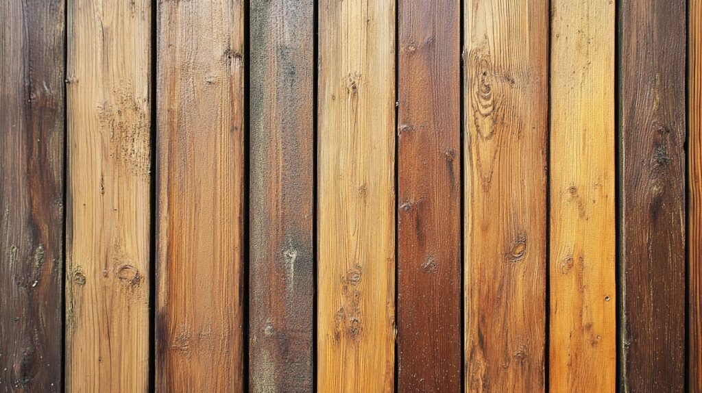 Close-up of vertical wooden planks in varied brown and tan tones, weathered and textured.