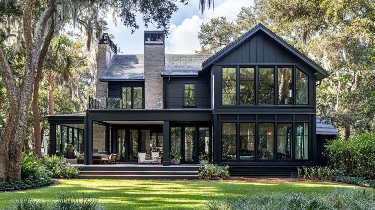Modern black two-story house with large windows, surrounded by tall trees and a green lawn