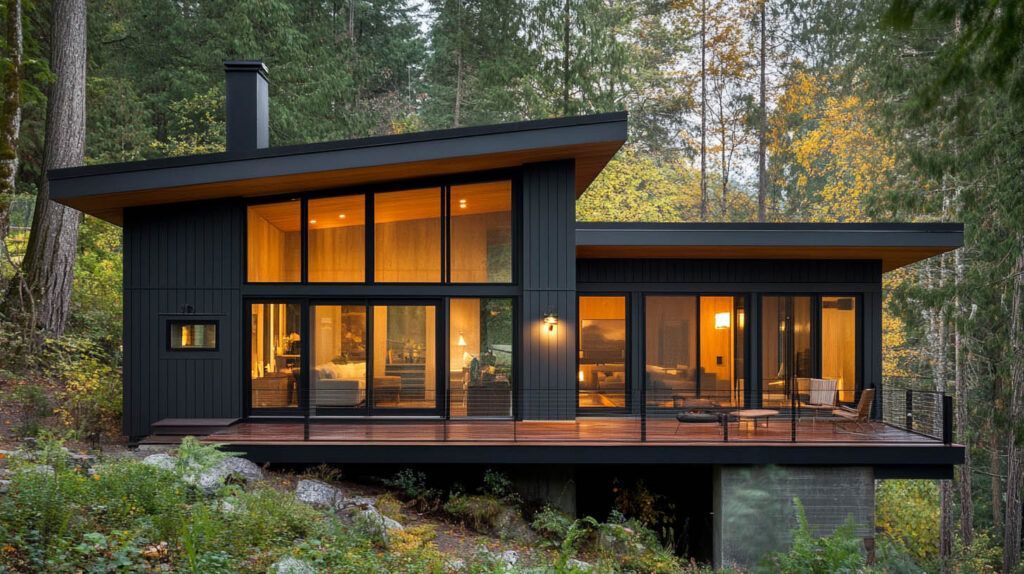 Modern black cabin with warm glowing windows in a forest setting at dusk