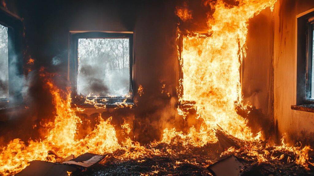 Interior room engulfed in flames, with fire spreading across floor and walls near windows.