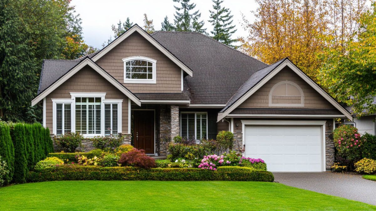 Suburban house with gray siding, white trim, and a two-car garage, surrounded by a manicured lawn and shrubs