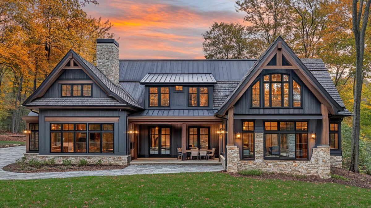 Modern dark-gray stone house with gabled roofs and warm interior lights at sunset