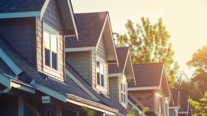 Row of suburban houses with dark roofs at sunset, warm sunlight glowing through trees.