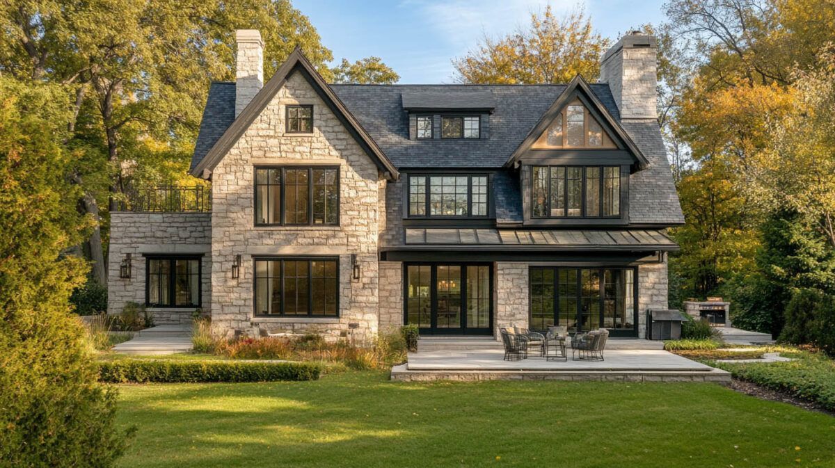 Stone house with dark trim and large windows, set in a green lawn surrounded by trees.