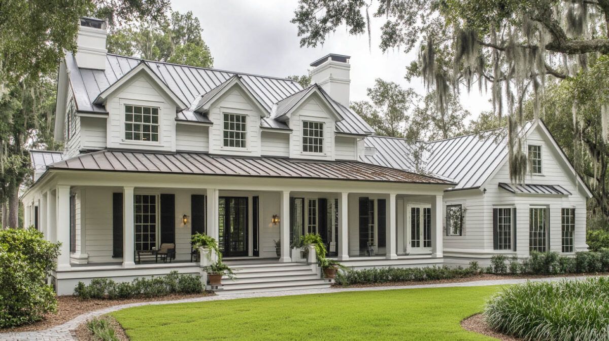 Large white Victorian-style house with dormer windows, a wraparound porch, and a green lawn