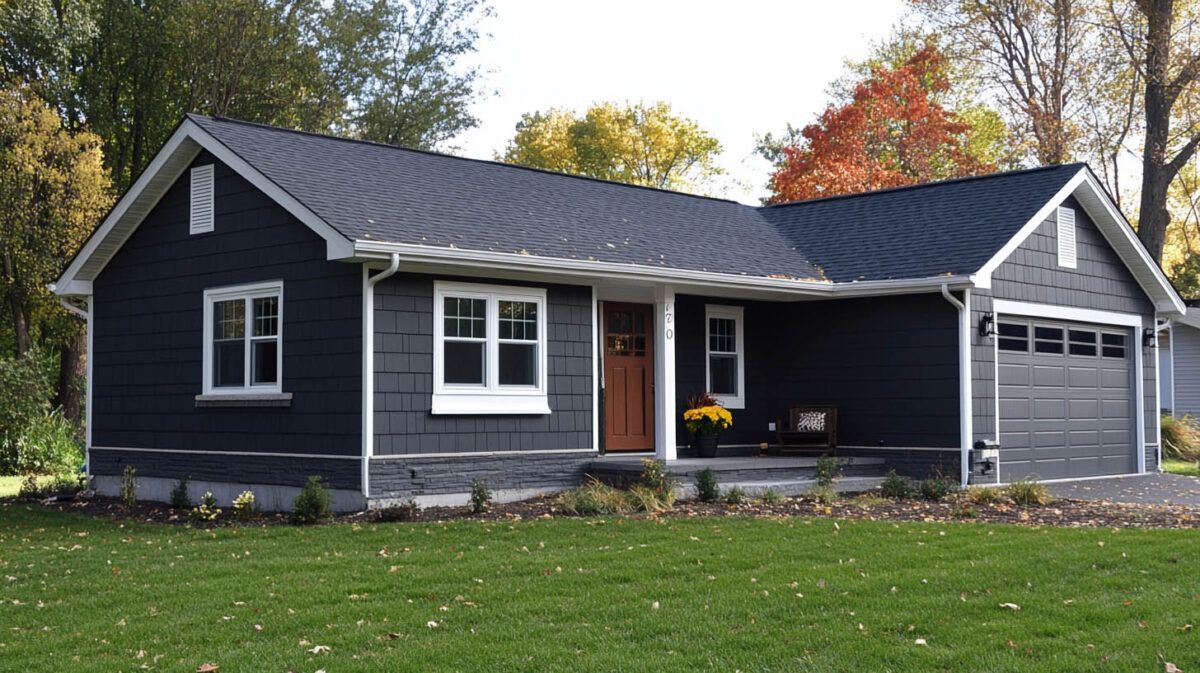 Dark blue single-story house with white trim, front porch, and attached garage on a grassy lawn