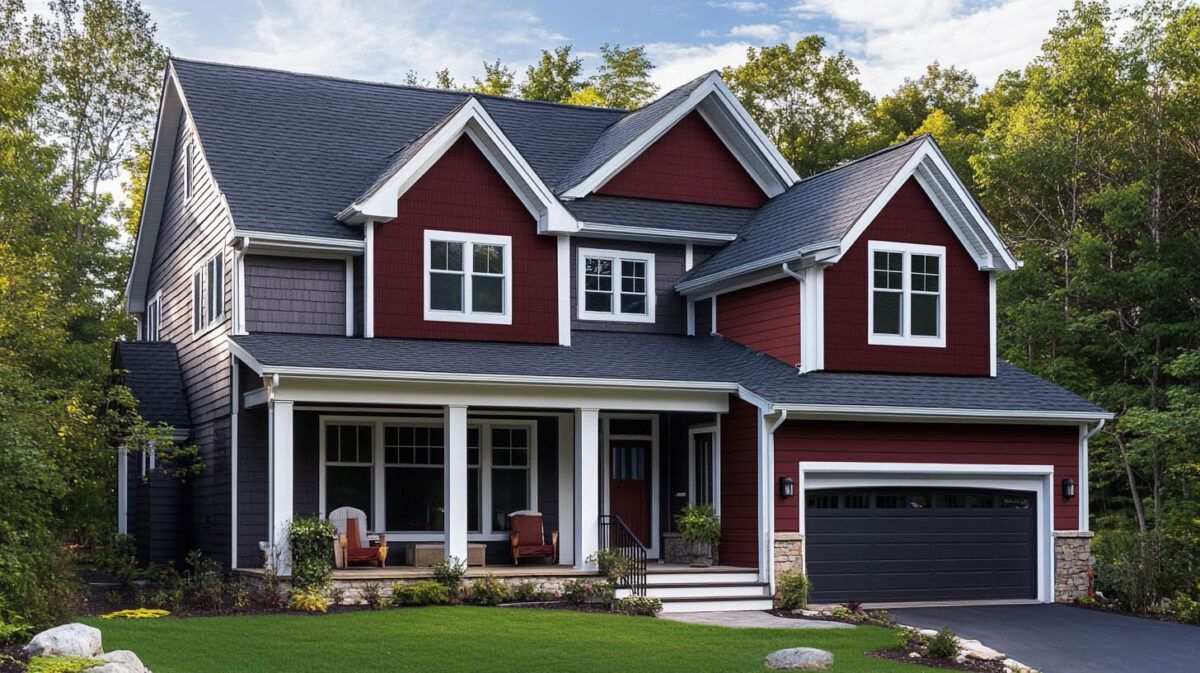 Red two-story house with white trim, front porch, dormer windows, and a two-car garage.