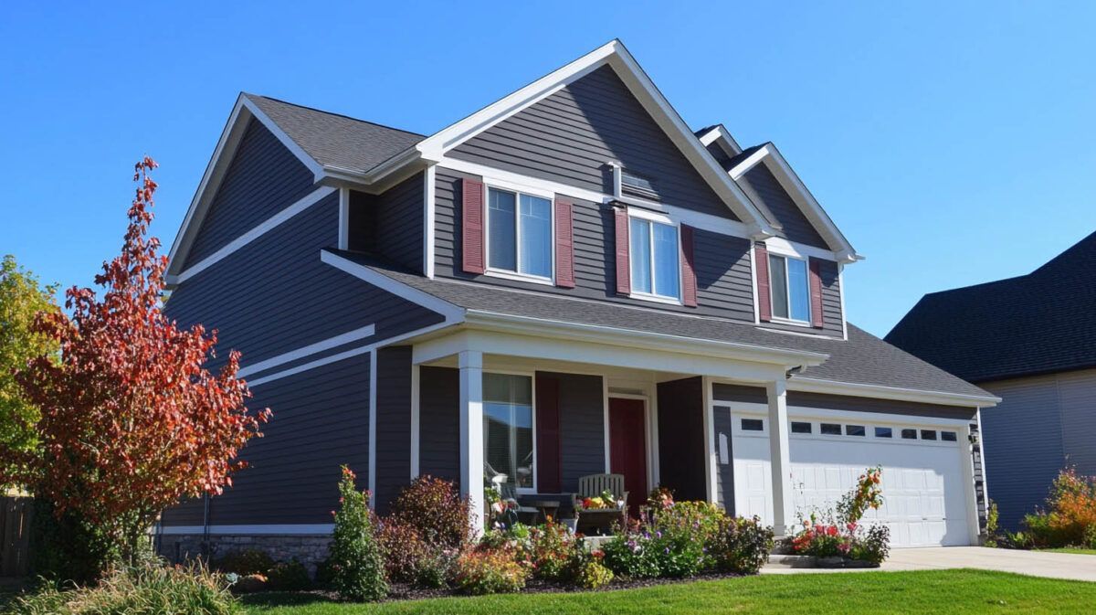 Two-story blue suburban house with white trim, front porch, and attached garage under a clear sky