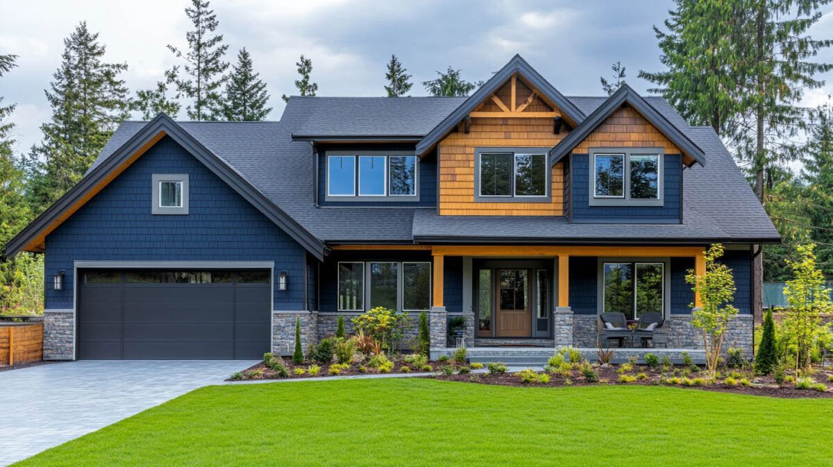 Modern dark-blue house with wood accents, a black roof, and a manicured green lawn, surrounded by trees
